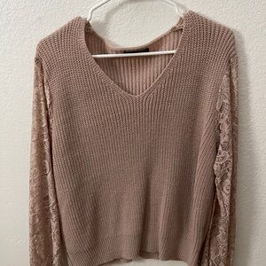 SHEIN Tan V-Neck Sweater with Lace Sleeves